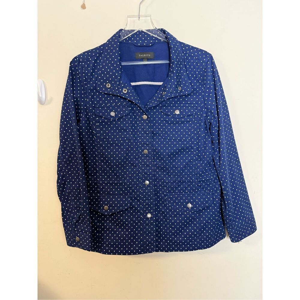 Talbots Navy Blue Polka Dot Casual Drawcord Stretch Jacket Size  Medium